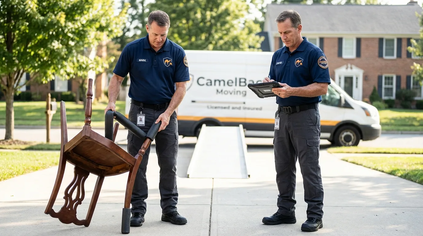 Movers inspecting furniture for damage prevention before loading in Osprey, FL