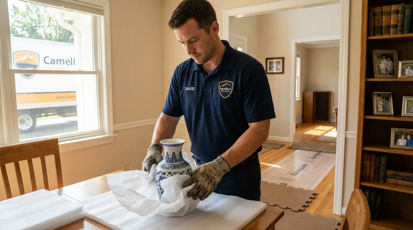 Professional crew carefully wrapping antique vase for senior downsizing move in Osprey, FL